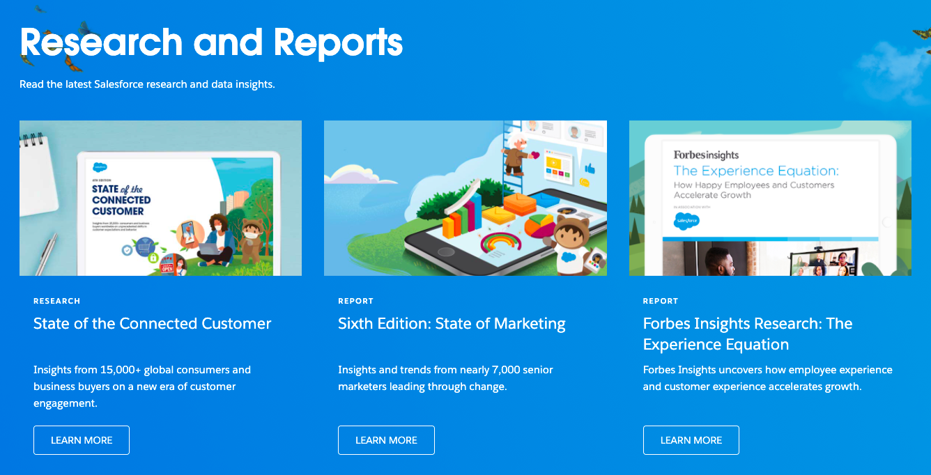 Salesforce screenshot A screenshot of research and reports on the Salesforce website.