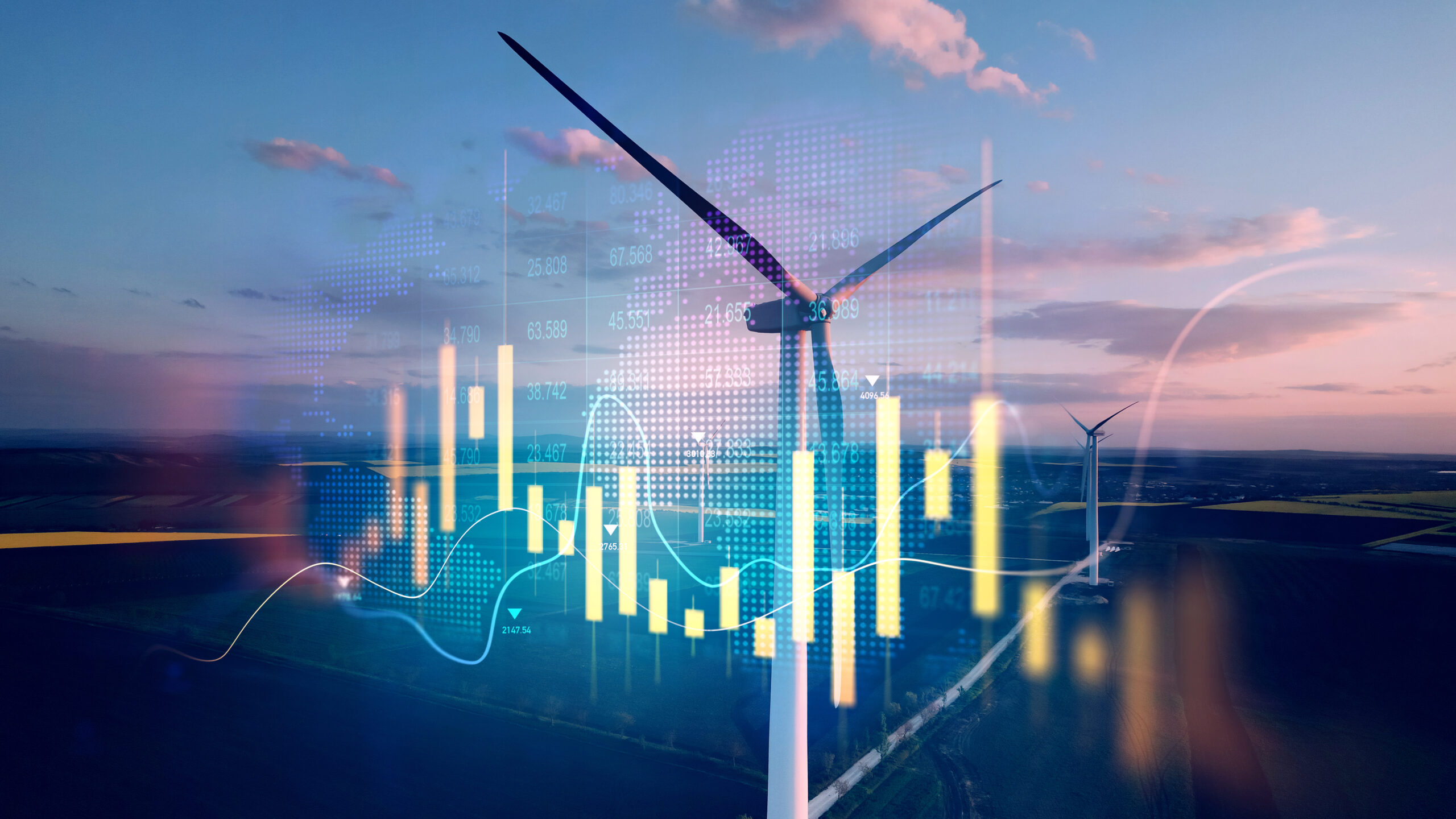 A wind turbine in a field with digital elements superimposed in front of it.