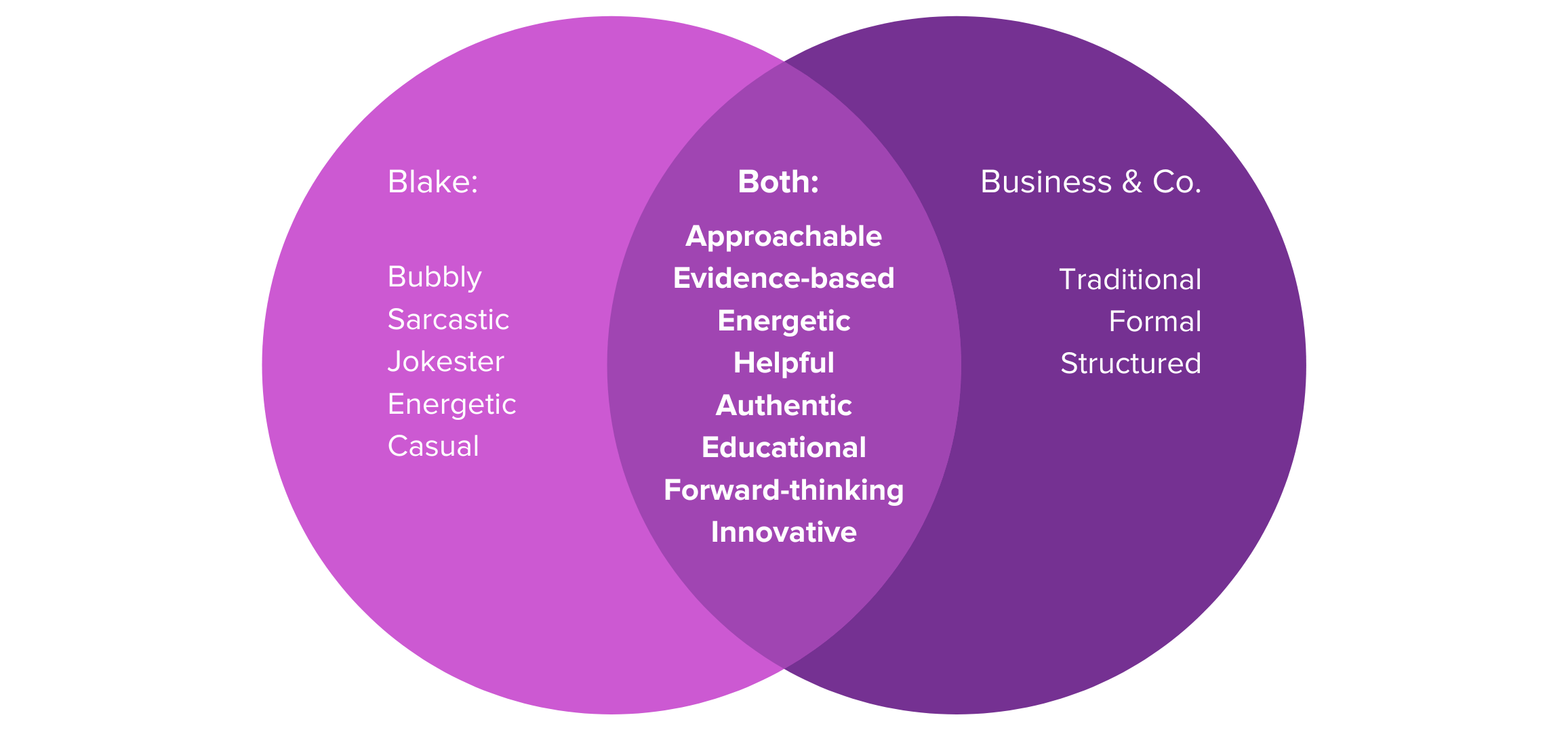 Blake Business Co venn diagram A venn diagram showing the similarities and differences between Blake's writing style and Business Co's writing style.
