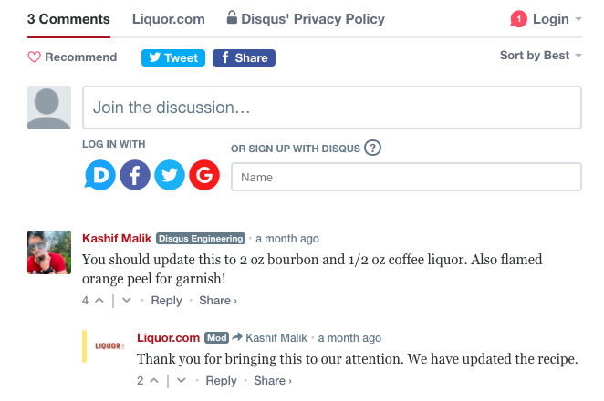 Disqus comment example A screenshot showing a comment and a response on a blog.