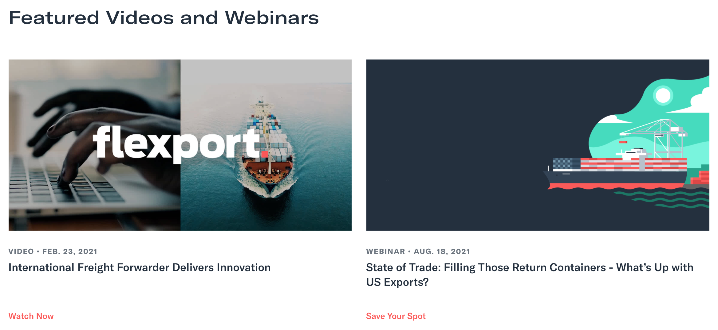 Flexport Webinars A screenshot of two Flexport Webinars.