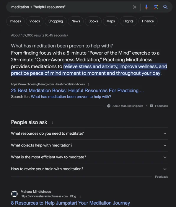 Meditation bog Google results A screenshot of the Google search results page for the query meditation + "helpful resources."