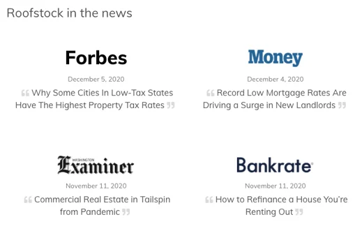 Roofstock A screenshot showing different publications where Roofstock has been featured.