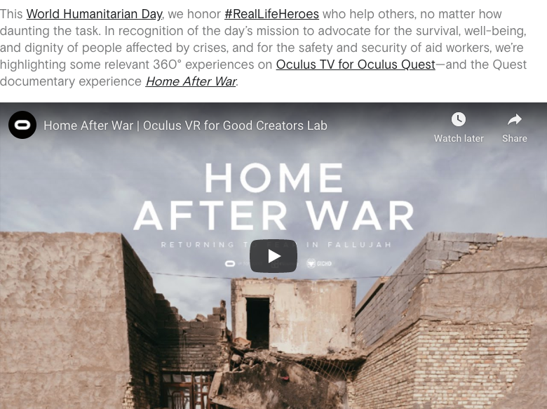 Oculus screenshot A screenshot showing a description of Oculus' "Home After War" documentary experience and the video's thumbnail on YouTube.
