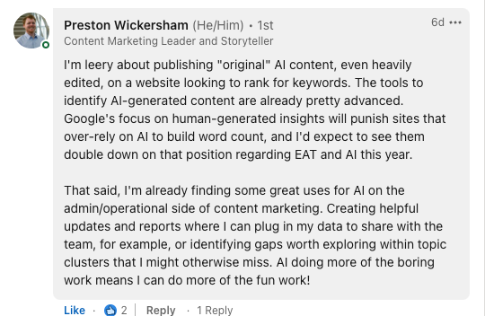 Preston LinkedIn Screenshot A screenshot of a response to Intero Digital's Content & PR Division's LinkedIn post.