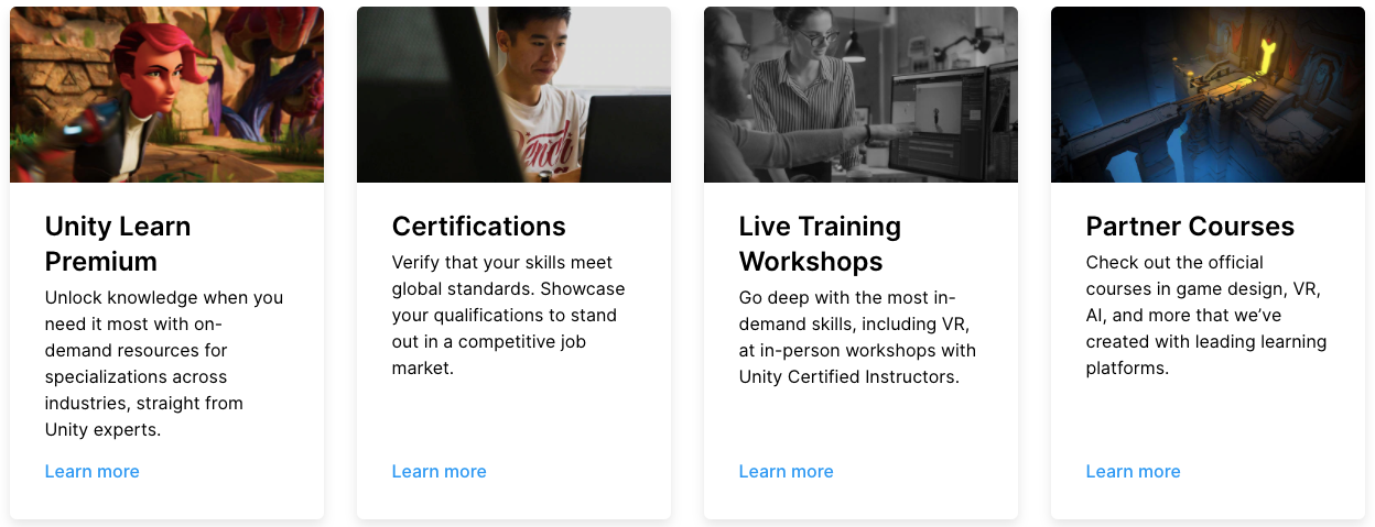 Unity screenshot A screenshot showing the live training workshops, and partner courses Unity offers.